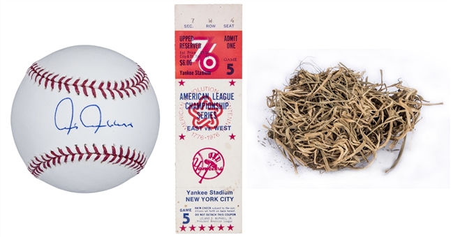 Lot of (3) 1976 New York Yankees Memorabilia Including Chris Chambliss Signed Baseball, ALCS Game 5 Ticket & Patch of Old Yankee Stadium Outfield Grass (Tristar)